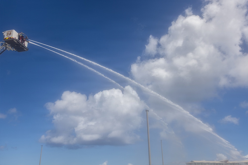 Camp Blaz firefighters perform an ariel pump test