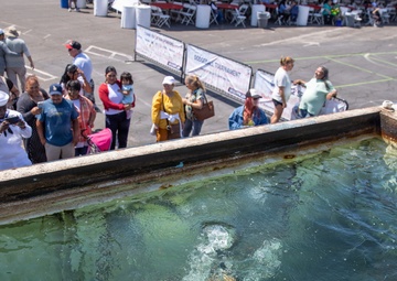 A crowd of spectators, including a person in a white Navy uniform, gathers around a metal tank or pool filled with greenish water, in which a person appears to be submerged or swimming. The event appears to be a public military open house or air show, evidenced by banners in the background including one reading 'DOGFIGHT TOURNAMENT' and rows of white chairs set up in an outdoor venue. The setting suggests a demonstration or activity display for civilian visitors.