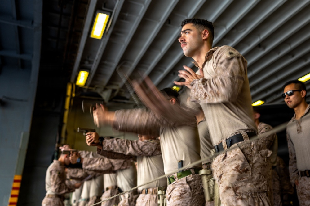 11th MEU Marines, Sailors Conduct a M18 Dry Fire Range Aboard USS Boxer