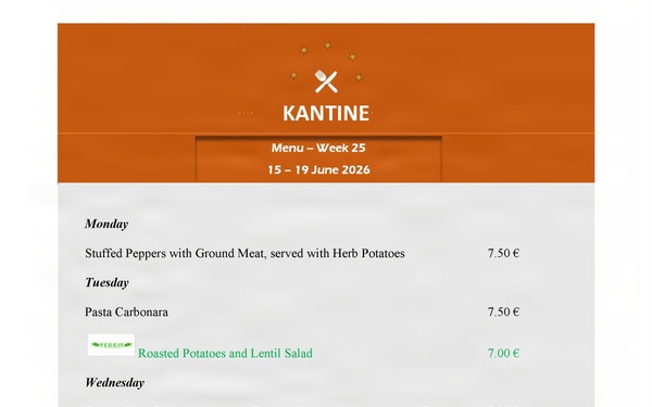 Kantine Menu June 15-19, 2026