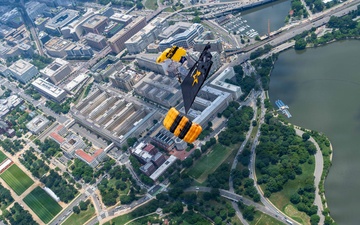 The U.S. Army Parachute Team jumps over Washington Monument for Freedom 250 events