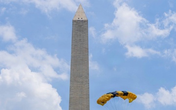 The U.S. Army Parachute Team jumps over Washington Monument for Freedom 250 events