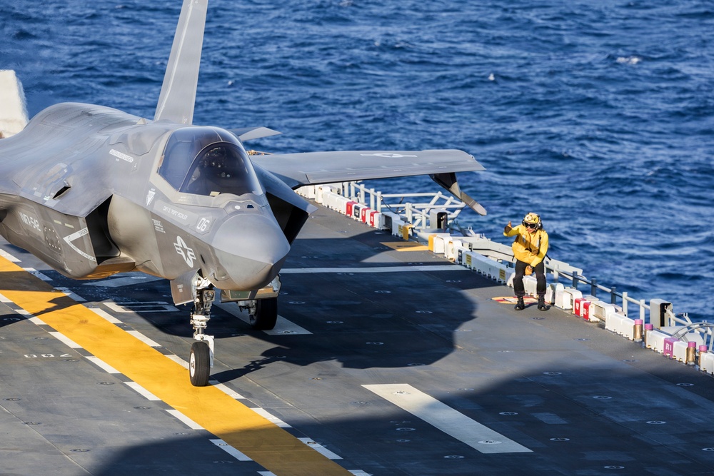 26th Marine Expeditionary Unit’s Type Commanders Amphibious Training | F-35B Lightning II Evening Carrier Qualification