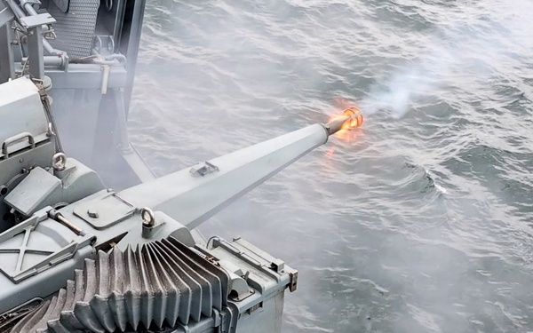 German Navy Braunschweig-class corvette FGS Erfurt (F262) fires an MLG-27 27mm gun during live fire gun exercise (GUNEX)  during Baltic Operations (BALTOPS) 2026