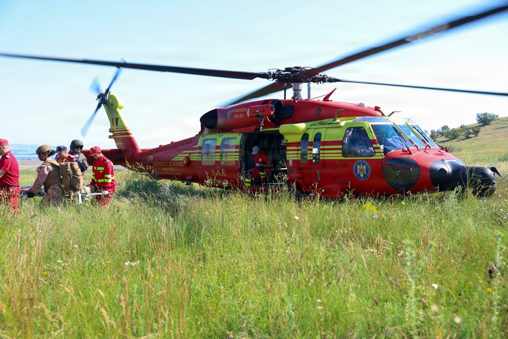 U.S. Marines and Romanian emergency responders conduct casualty evacuation drill during Sea Breeze 26
