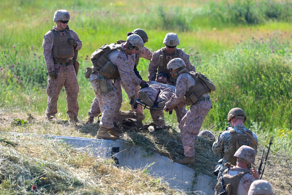 U.S. Marines and Romanian emergency responders conduct casualty evacuation drill during Sea Breeze 26