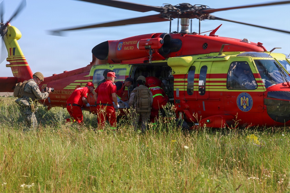 U.S. Marines and Romanian emergency responders conduct casualty evacuation drill during Sea Breeze 26
