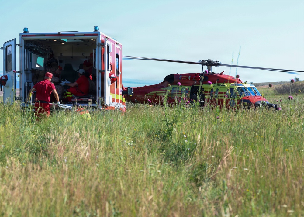 U.S. Marines and Romanian emergency responders conduct casualty evacuation drill during Sea Breeze 26