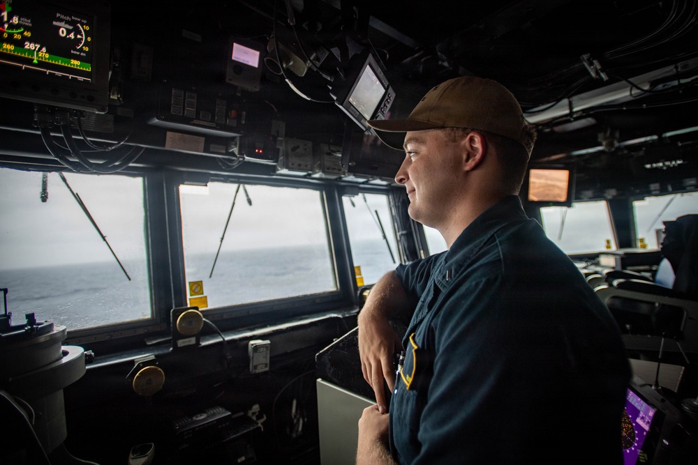 USS Gridley Sailor Stands Lookout Watch