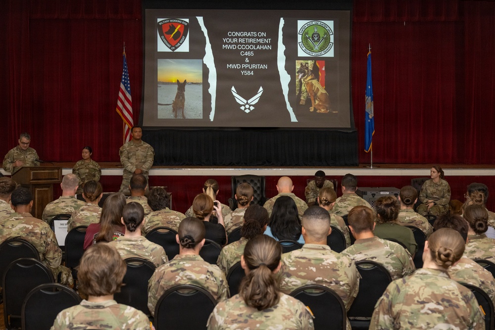 Military Working Dog Retirement Ceremony Honors CCoolahan and PPuritan