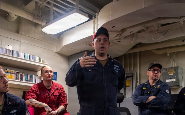USS Boxer Sailors Conduct Damage Control Training Brief
