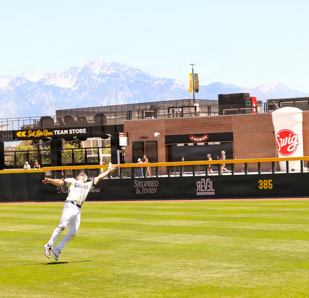 Salt Lake Bees outfielder makes leaping catch at Smith's Ballpark with Wasatch Mountains backdrop