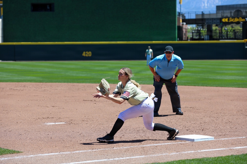 First Baseman Stretches for Ball During Military Appreciation Softball Game at Smith's Ballpark, Salt Lake City
