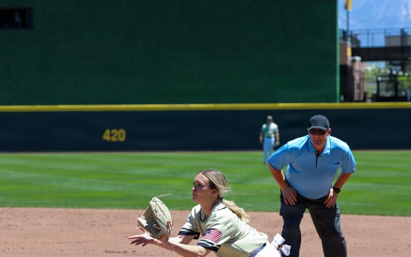 First Baseman Stretches for Ball During Military Appreciation Softball Game at Smith's Ballpark, Salt Lake City