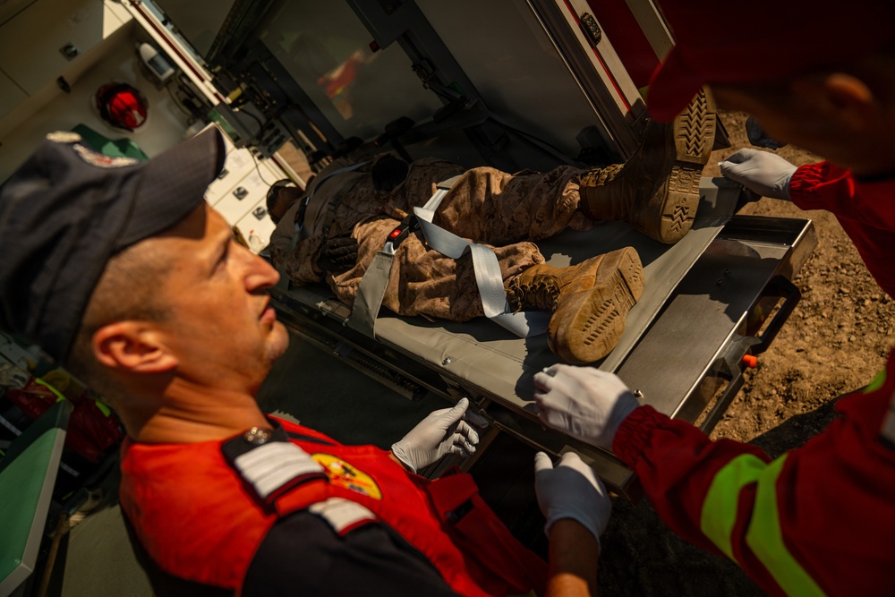 U.S. Marines and Romanian emergency responders conduct casualty evacuation drill during Sea Breeze 26