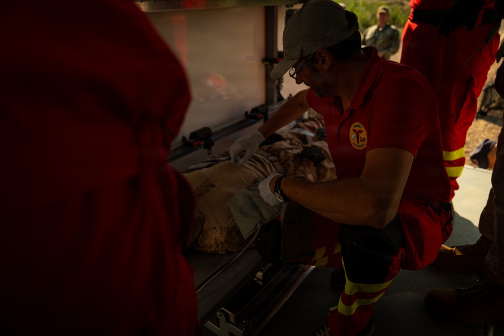 U.S. Marines and Romanian emergency responders conduct casualty evacuation drill during Sea Breeze 26