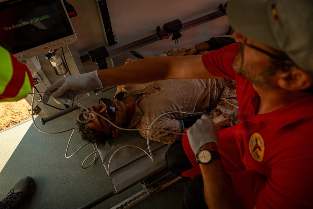 U.S. Marines and Romanian emergency responders conduct casualty evacuation drill during Sea Breeze 26