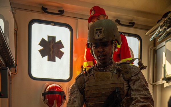U.S. Marines and Romanian emergency responders conduct casualty evacuation drill during Sea Breeze 26