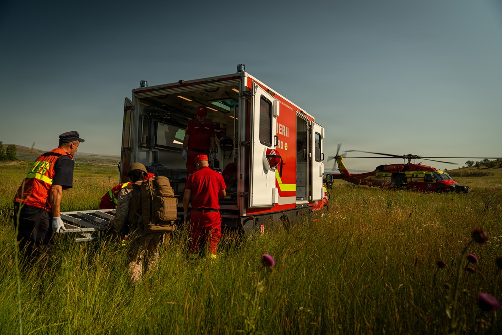 U.S. Marines and Romanian emergency responders conduct casualty evacuation drill during Sea Breeze 26