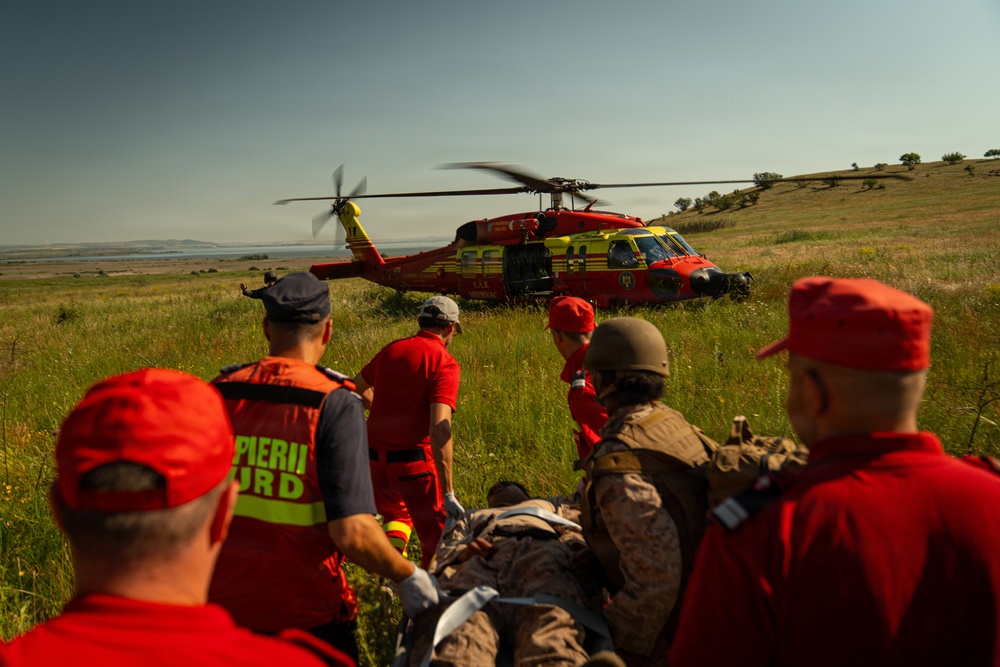 U.S. Marines and Romanian emergency responders conduct casualty evacuation drill during Sea Breeze 26