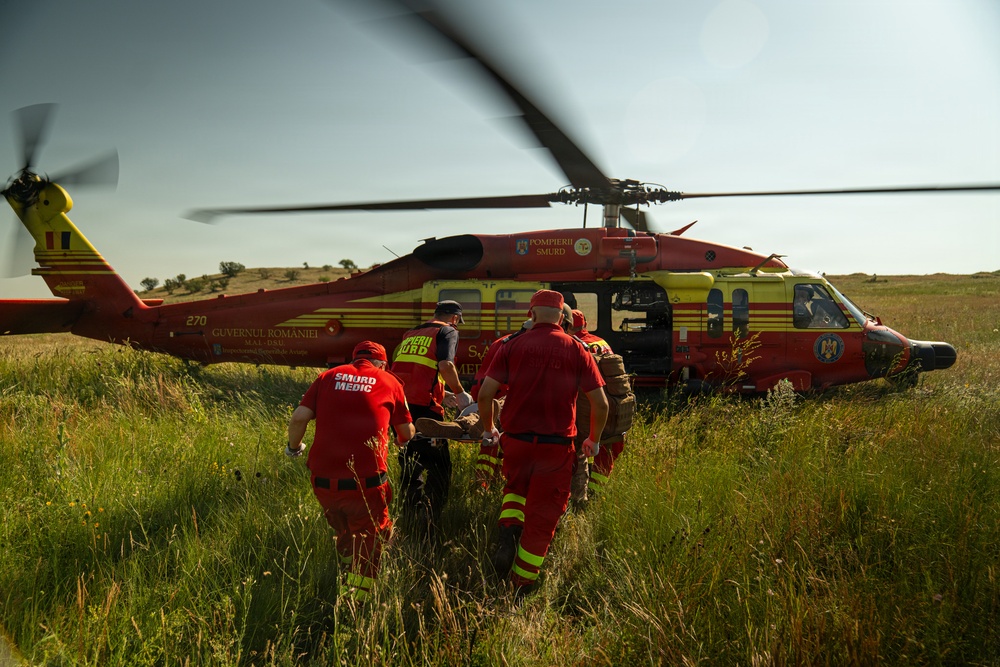 U.S. Marines and Romanian emergency responders conduct casualty evacuation drill during Sea Breeze 26