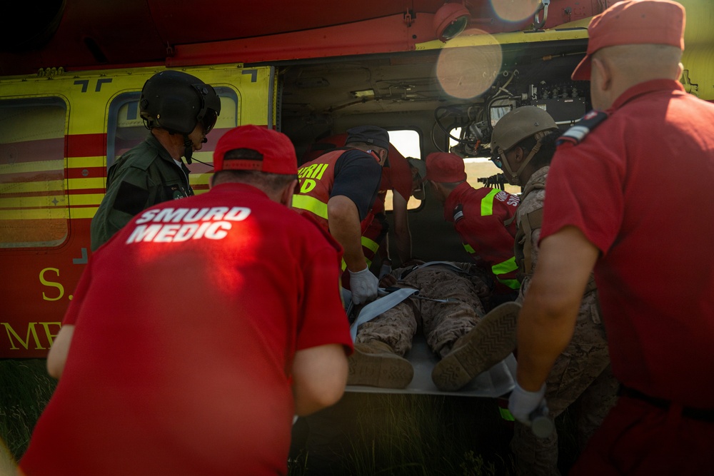 U.S. Marines and Romanian emergency responders conduct casualty evacuation drill during Sea Breeze 26