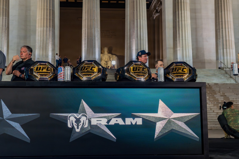 Production teams prepare for the UFC Freedom 250 Press Conference