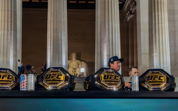 Production teams prepare for the UFC Freedom 250 Press Conference