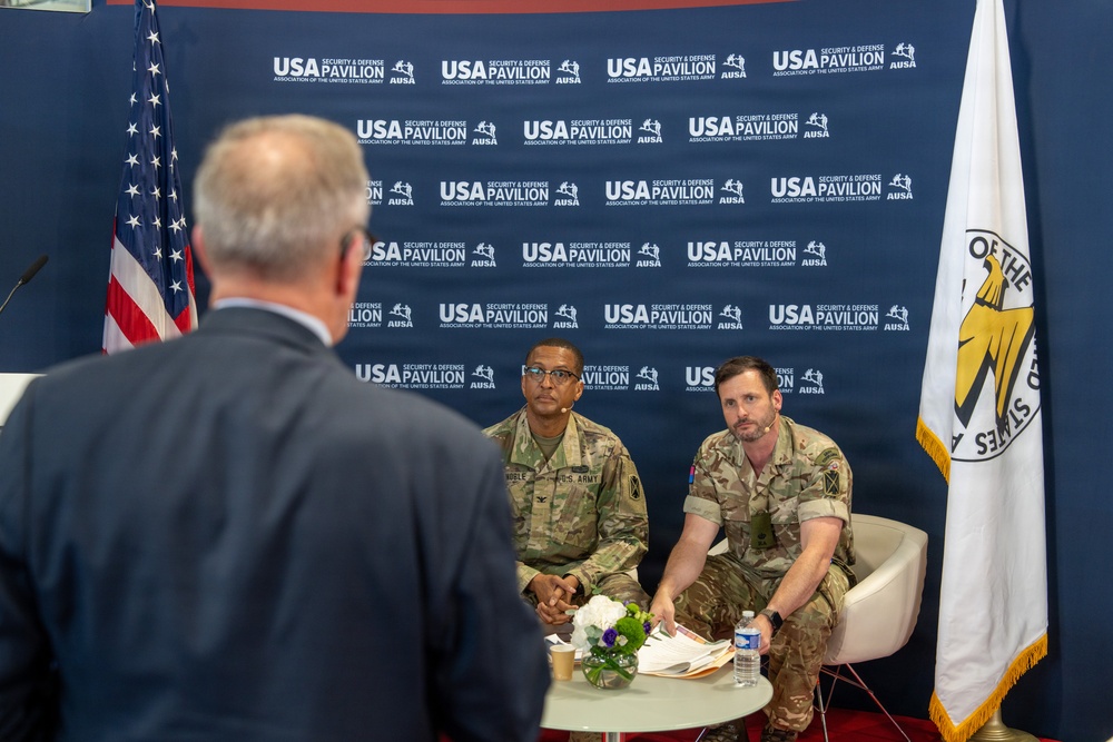 U.S. Army Europe and Africa air defenders deliver remarks at EUROSATORY 2026
