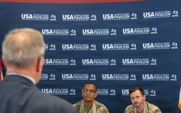 U.S. Army Europe and Africa air defenders deliver remarks at EUROSATORY 2026
