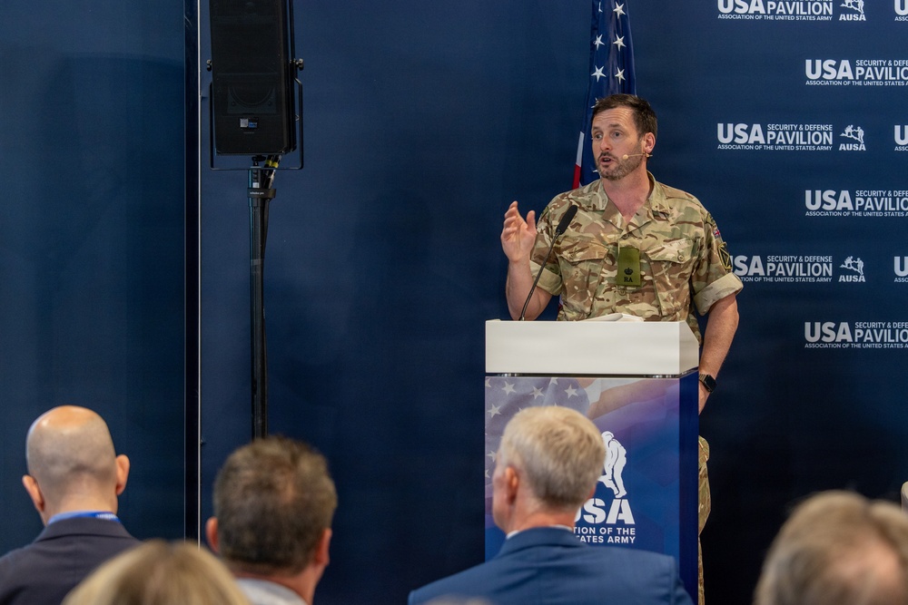 U.S. Army Europe and Africa air defenders deliver remarks at EUROSATORY 2026