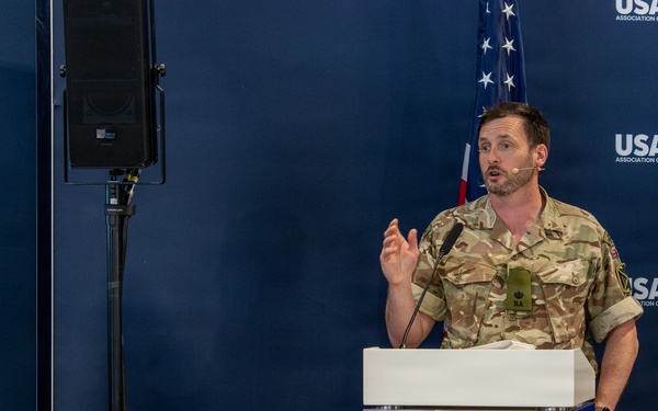 U.S. Army Europe and Africa air defenders deliver remarks at EUROSATORY 2026