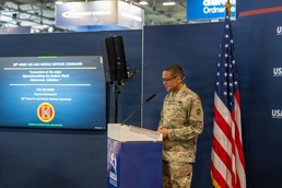U.S. Army Europe and Africa air defenders deliver remarks at EUROSATORY 2026