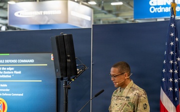U.S. Army Europe and Africa air defenders deliver remarks at EUROSATORY 2026