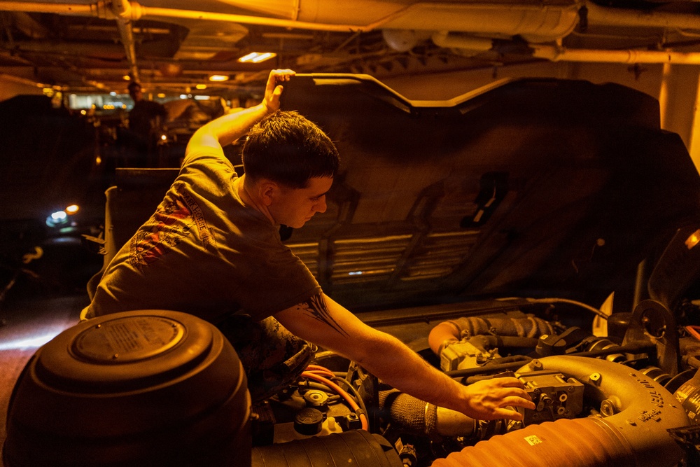 11th MEU Marines Conduct Vehicle Maintenance Aboard USS Boxer