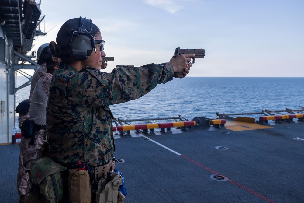 11th MEU Marines Conduct A Pistol Range Aboard USS Boxer
