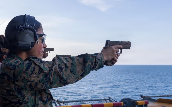 11th MEU Marines Conduct A Pistol Range Aboard USS Boxer
