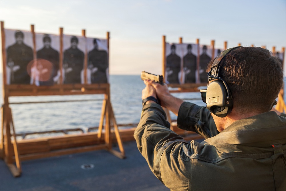 11th MEU Marines Conduct A Pistol Range Aboard USS Boxer
