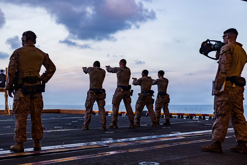 11th MEU Marines Conduct A Pistol Range Aboard USS Boxer