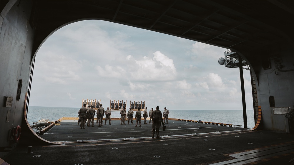 11th MEU Marines Conduct a Pistol Range Aboard USS Boxer