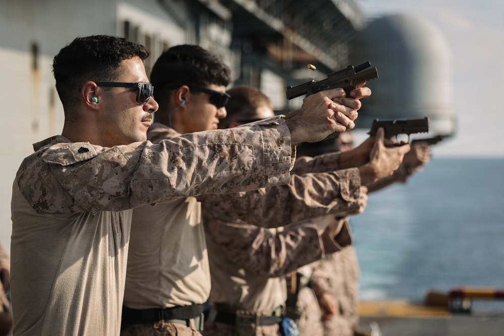 11th MEU Marines Conduct A Pistol Range Aboard USS Boxer