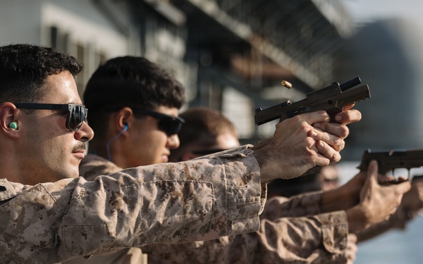 11th MEU Marines Conduct A Pistol Range Aboard USS Boxer