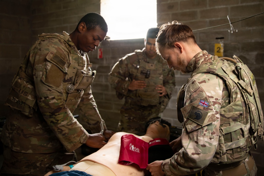 U.S. and British Army medics train together during close-quarters battle drills