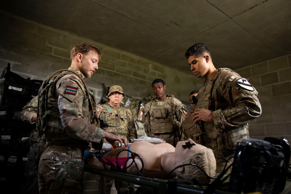 U.S. and British Army medics train together during close-quarters battle drills