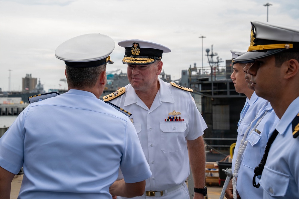 Rear Adm. David Mazur, vice commander, U.S. 2nd Fleet visits foreign ships arriving to Naval Station Norfolk