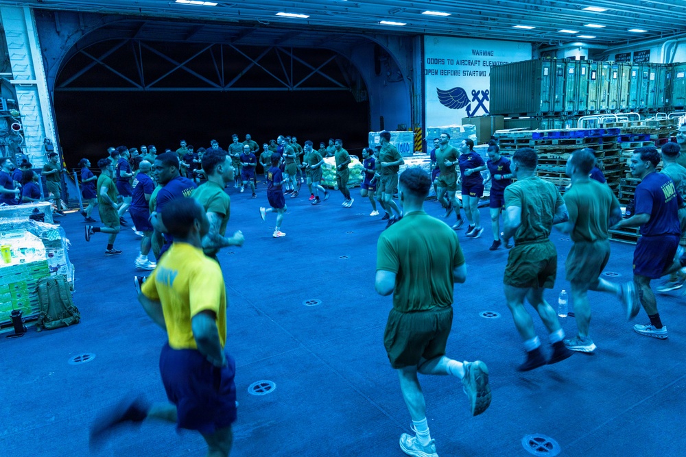 11th MEU Sailors Execute PT For 128th Hospital Corpsman Birthday Aboard USS Boxer