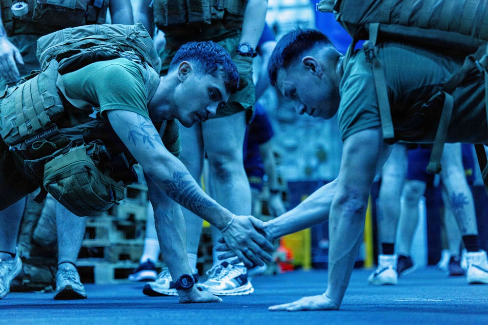 11th MEU Sailors Execute PT For 128th Hospital Corpsman Birthday Aboard USS Boxer