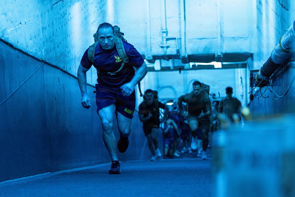 11th MEU Sailors Execute PT For 128th Hospital Corpsman Birthday Aboard USS Boxer