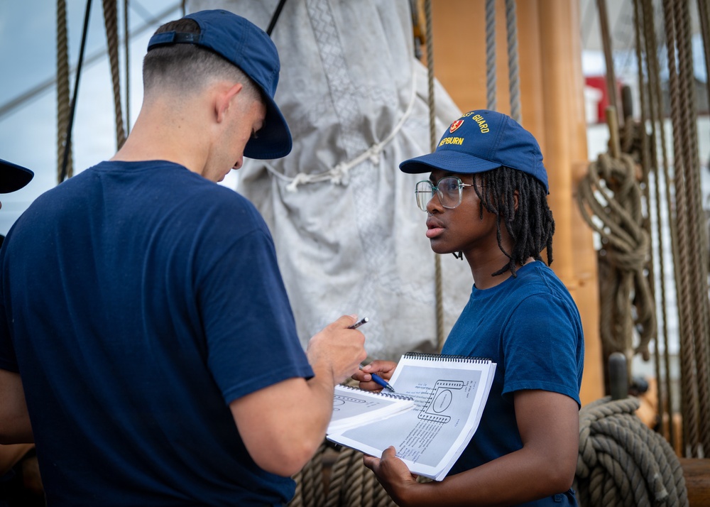 U.S. Coast Guard Academy cadets conduct damage control training aboard the Barque Eagle
