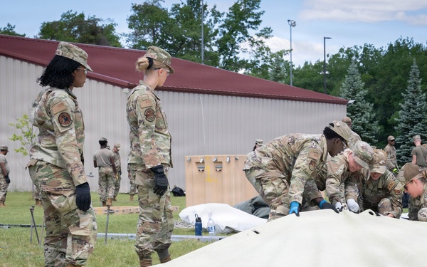 Airmen from the 181st Force Support Squadron conduct search and recovery training at Alpena Combat Readiness Training Center